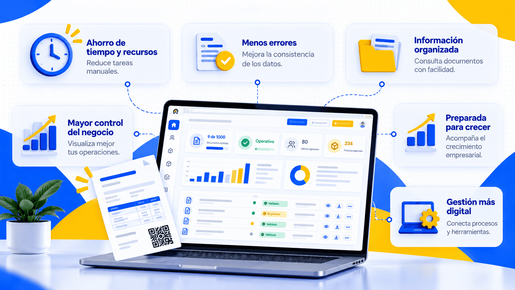 Infograf&iacute;a sobre los beneficios de la facturaci&oacute;n electr&oacute;nica para empresas, con una computadora que muestra un dashboard y tarjetas informativas.
