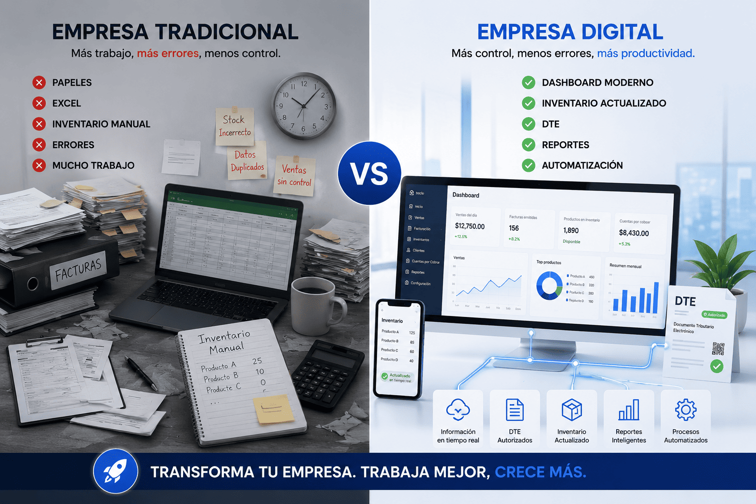 Facturación Electrónica vs Procesos Manuales Comparativa entre una empresa con procesos manuales y una empresa con facturación electrónica integrada.
