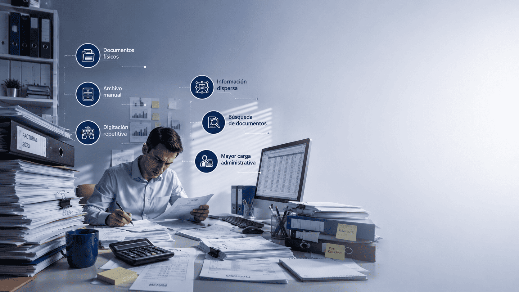La facturaci&oacute;n tradicional utiliza documentos f&iacute;sicos, archivo manual y digitaci&oacute;n repetitiva.