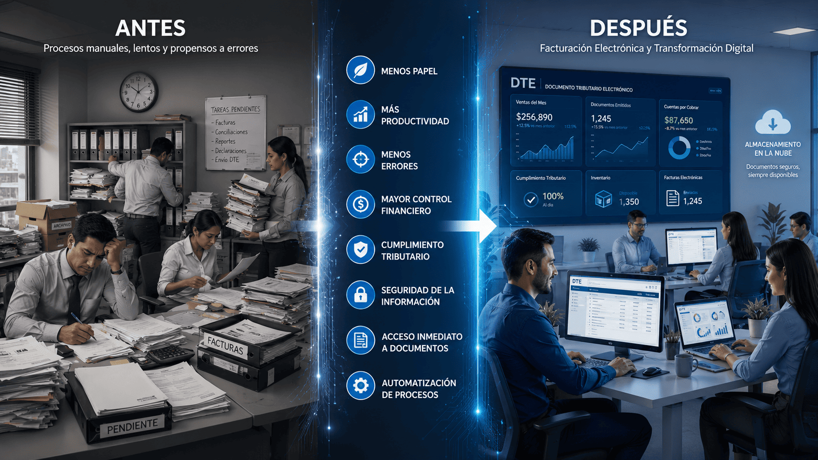 Comparativa entre procesos manuales y facturaci&oacute;n electr&oacute;nica en El Salvador, destacando automatizaci&oacute;n, control financiero y transformaci&oacute;n digital empresarial.